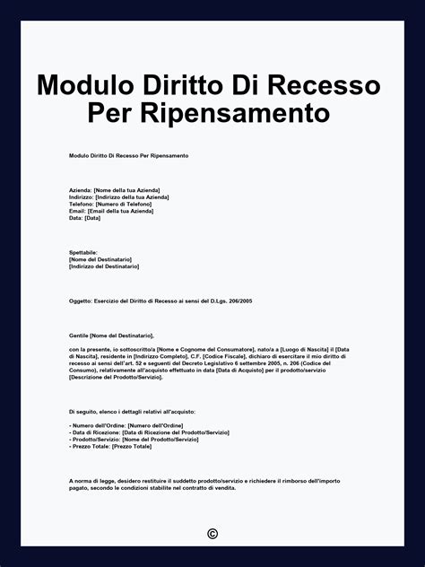 Esempio di modulo per il diritto di recesso