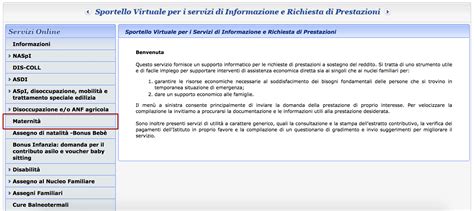 Screenshot: Pagina INPS maternità