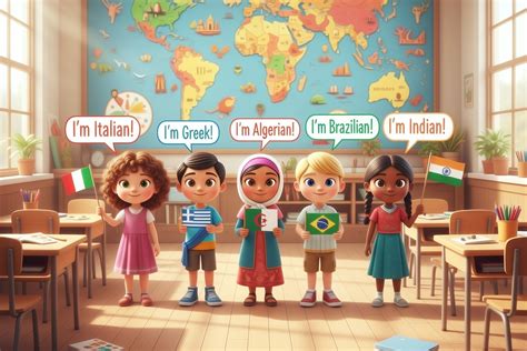 Bambini di diverse nazionalità che ascoltano una filastrocca con la maestra