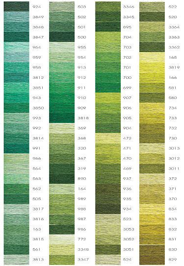 Filati da ricamo in diverse tonalità di verde