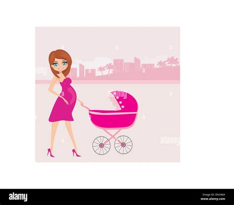 Illustrazione digitale di una donna incinta serena con un passeggino accanto