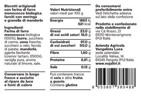 Etichetta prodotto con ingredienti
