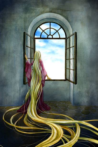 illustrazione classica di Raperonzolo alla finestra della torre