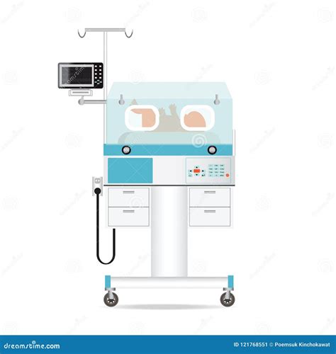 Illustrazione di un neonato in incubatrice con dispositivi medici