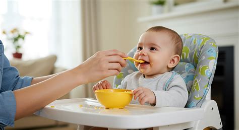 Bambino seduto in seggiolone felice durante la pappa