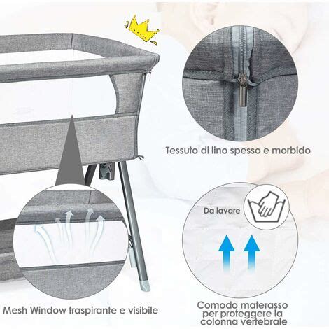Culla fianco letto con indicazione delle diverse altezze regolabili e della spondina abbattibile