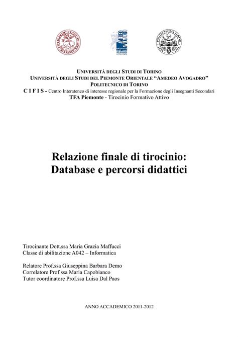 Esempio di frontespizio relazione tirocinio