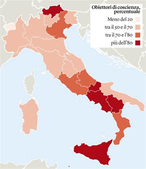 Mappa dell'Italia con le percentuali di medici obiettori di coscienza per regione