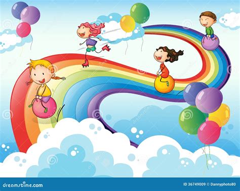 Disegno di bambini che guardano un grande arcobaleno stilizzato