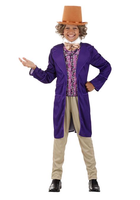 illustrazione del costume classico di Willy Wonka su un bambino in posa festosa