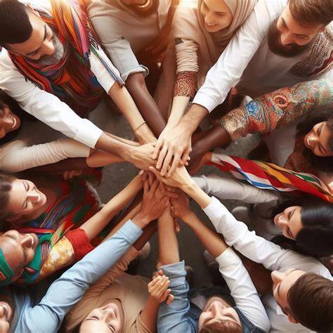 Illustrazione di persone che si supportano a vicenda in un cerchio, simboleggiando comunità e accettazione