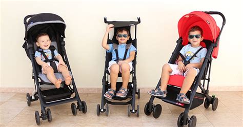 confronto visivo tra tre diversi modelli di passeggini compatti