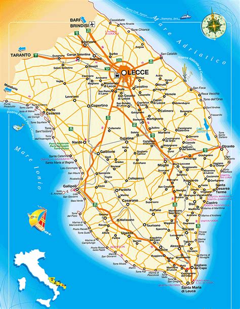 mappa delle coste del Salento con indicazioni stradali