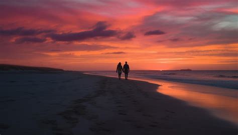 Coppia incinta che cammina sulla spiaggia al tramonto