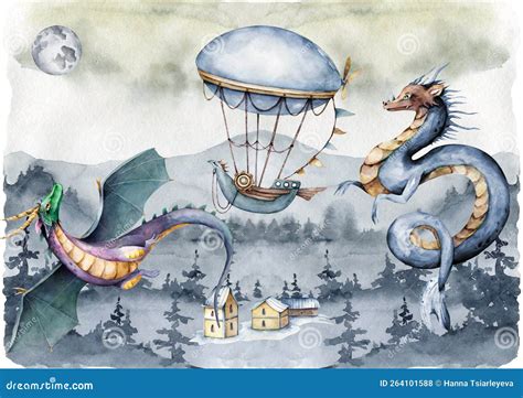 illustrazione moderna di un cavaliere di draghi in volo sopra le nuvole