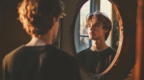Man and woman looking at a mirror reflecting their childhood selves