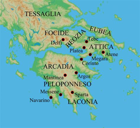 Mappa del Peloponneso antico con la posizione della Laconia e di Sparta