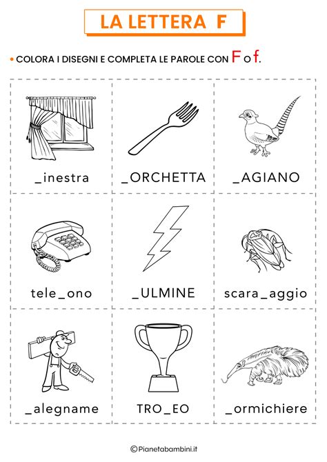 Schede didattiche con esercizi sulla lettera F