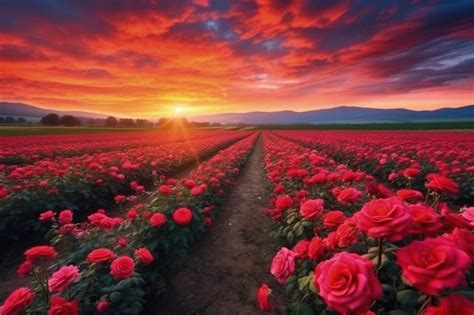 Campo di rose in fiore al tramonto