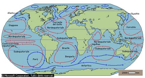 Mappa delle correnti oceaniche globali che mostrano la deviazione di Coriolis