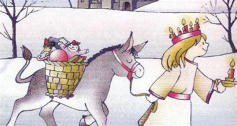 Illustrazione di Santa Lucia con un cestino di doni e un asinello