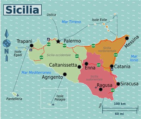 Mappa della Sicilia con evidenziata Catania e l'Etna