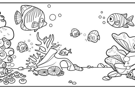 disegno da colorare di un fondale marino con pesci, conchiglie e una sirena