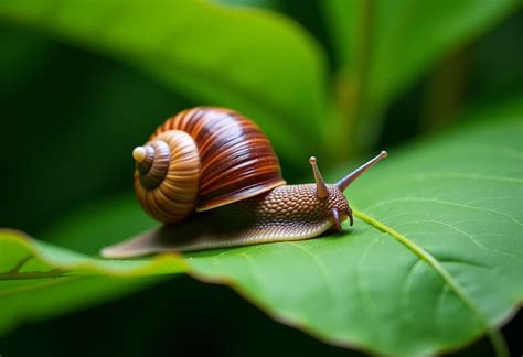 macro fotografia di una lumaca d'acqua dolce su una foglia verde