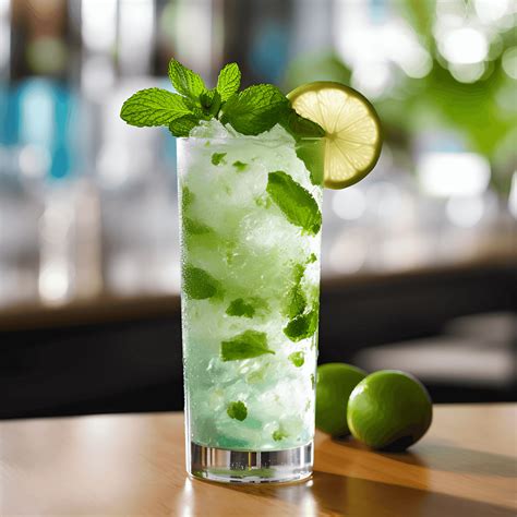 Un bicchiere di Mojito fresco e ben preparato su un tavolo di legno