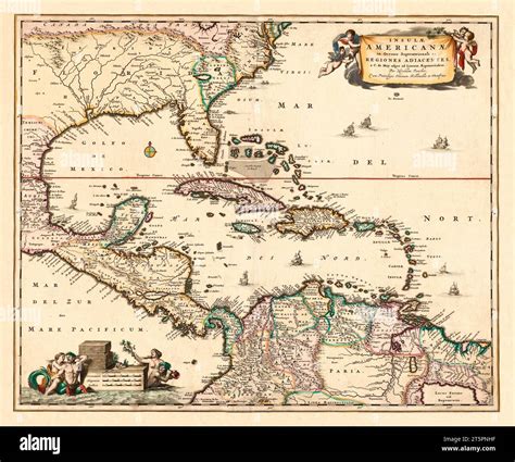 Antica mappa dei Caraibi che mostra le rotte dei corsari