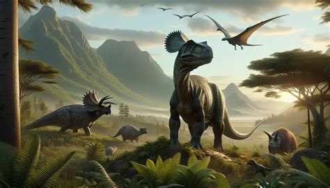 paesaggio preistorico con vari dinosauri