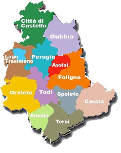 Mappa dell'Umbria con le città menzionate: Foligno, Spoleto, Perugia