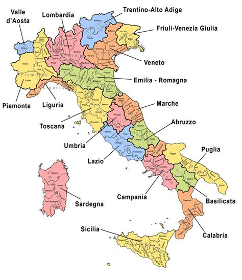Mappa dell'Italia con indicazione dei centri nascita per regione