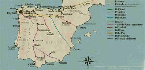 Mappa storica dei principali itinerari del Cammino di Santiago attraverso l'Europa