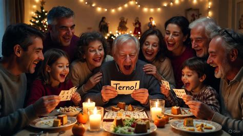 famiglia riunita attorno al tavolo che gioca a tombola con decorazioni natalizie
