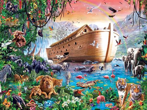 illustrazione artistica dell'Arca di Noè che galleggia su un mare in tempesta con animali alle finestre