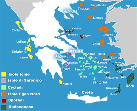 Mappa delle isole greche con evidenziate Rodi e Creta