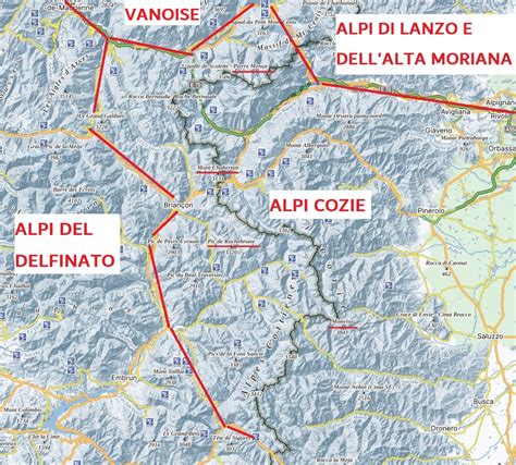 Mappa delle Alpi Cozie con evidenziate le vette principali