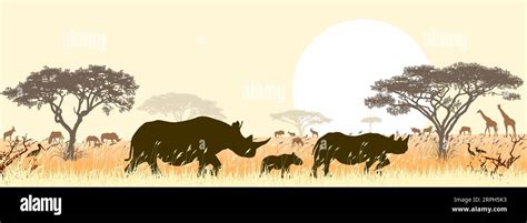 illustrazione di una varietà di animali selvatici in un paesaggio di savana