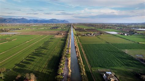 veduta aerea della pianura pontina con i reticoli dei canali di bonifica