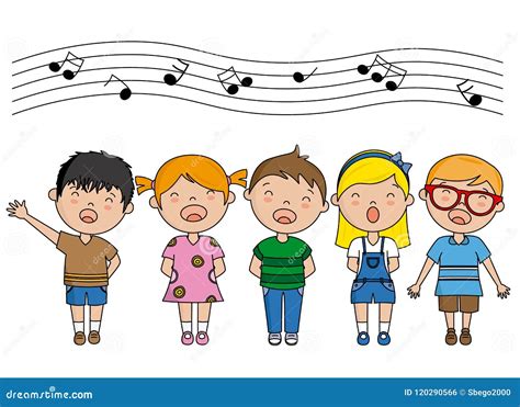 Gruppo di bambini di etnie diverse che cantano insieme con spartiti musicali