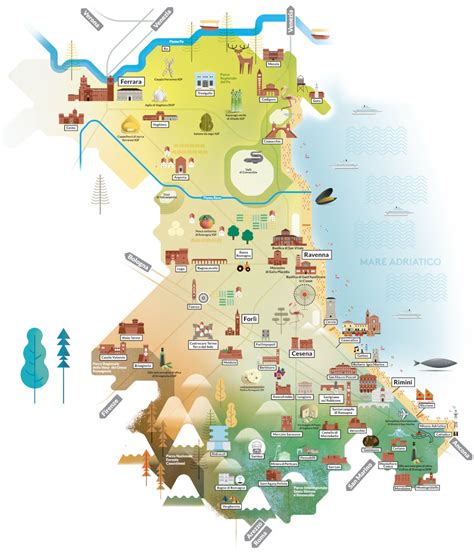 Mappa della Romagna con evidenziati i luoghi legati alla vita e all'attività artistica di Ivano Marescotti