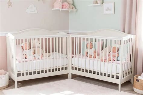 Due culle affiancate con decorazioni colorate e tenui per l'arrivo di due gemelli