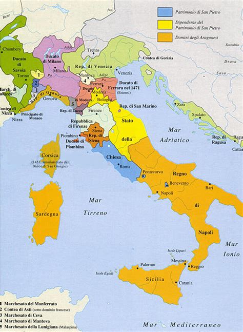 Mappa storica dell'Italia nel XV secolo suddivisa nei cinque principali Stati regionali