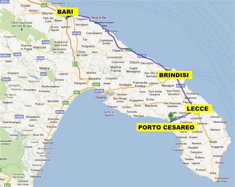 Mappa del percorso dall'Aeroporto di Brindisi a Porto Cesareo