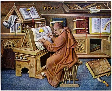 rappresentazione di uno scriptorium medievale con monaci intenti alla trascrizione