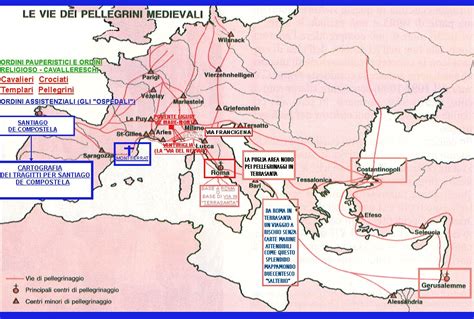 Mappa delle rotte dei pellegrinaggi e insediamenti dei primi ordini crociati in Terrasanta