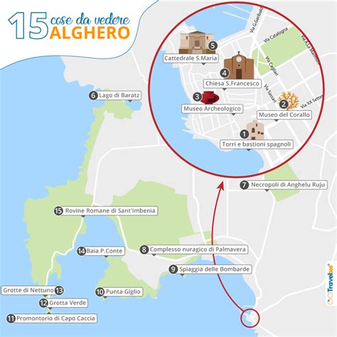 Mappa turistica di Alghero e dintorni con i principali punti di interesse come Nuraghe di Palmavera e Grotta di Nettuno