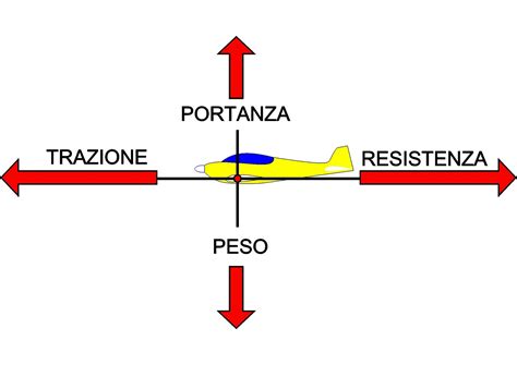 Diagramma delle forze agenti durante il volo: portanza, peso, spinta e resistenza