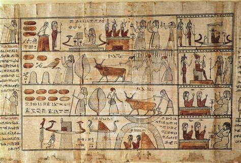 Papiro egizio con geroglifici e scene di vita quotidiana